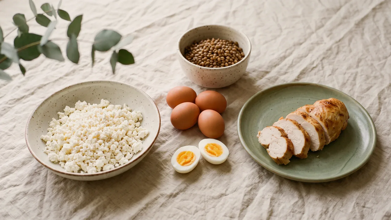 Миска творога, чечевица, куриные яйца и запечённая куриная грудка ломтиками на зелёной тарелке, на светлой льняной скатерти.